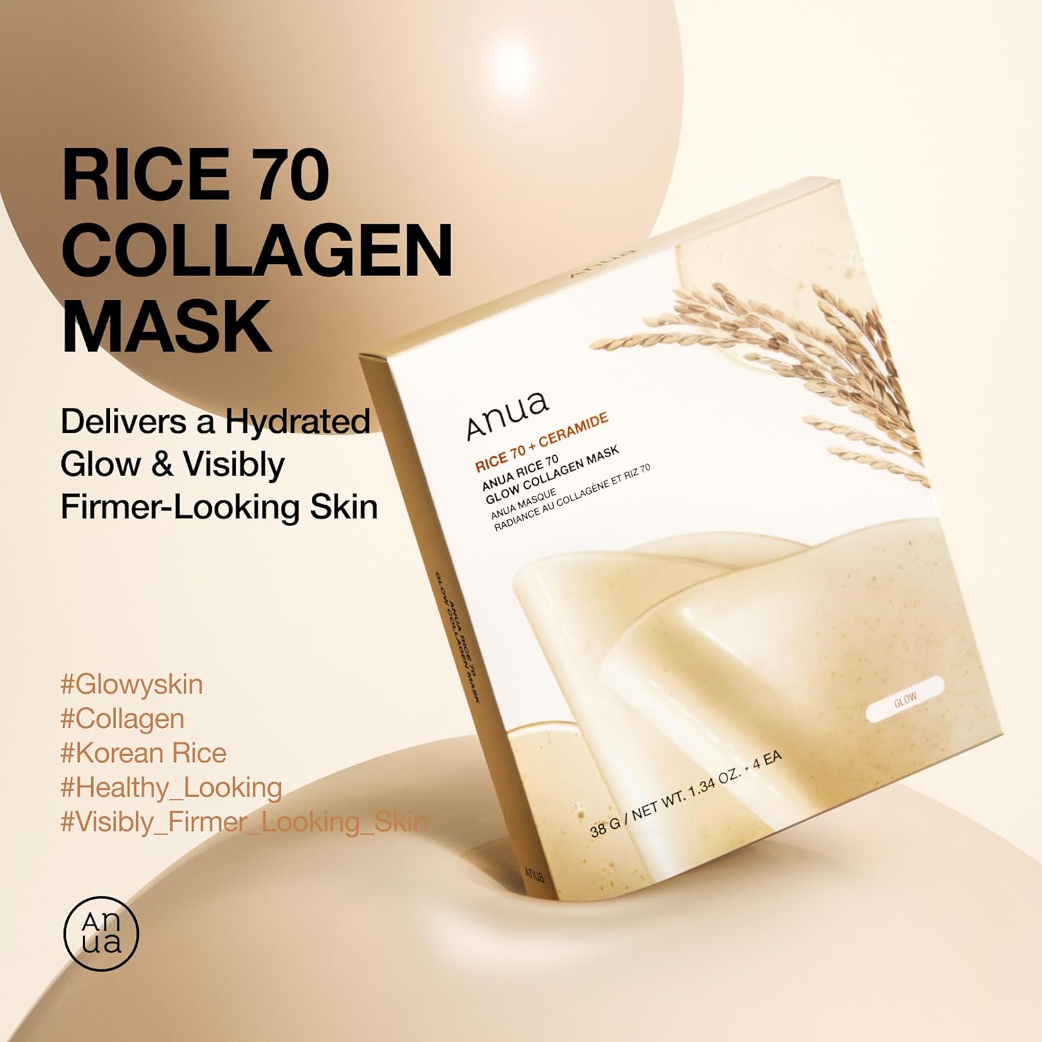 Hidrogela maska mirdzuma piešķiršanai ādai ar sastāvā iekļautiem rīsiem Anua Rice 70 Glow Collagen Mask