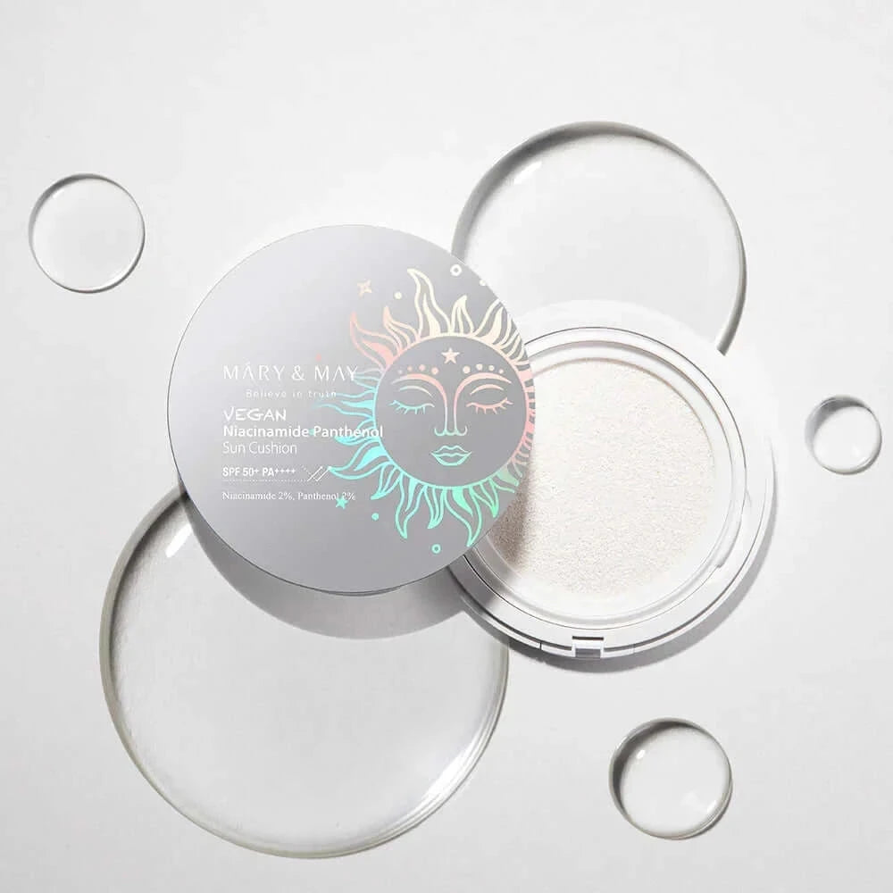 Balinošs saules aizsarglīdzeklis-kušons Mary&May Vegan Niacinamide Panthenol Sun Cushion SPF50+ PA++++