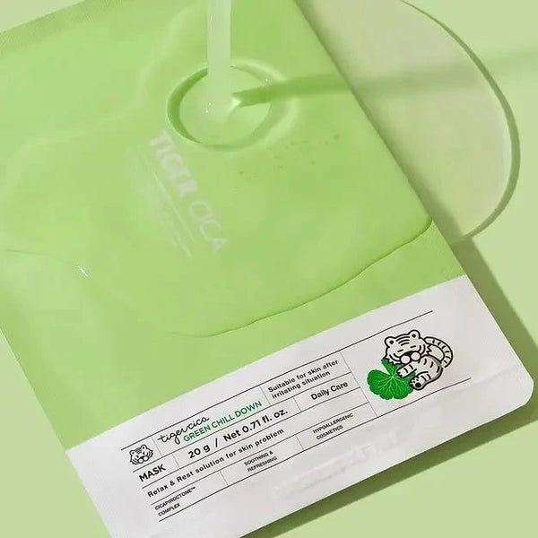Nomierinoša auduma maska sejai ar Āzijas centellas ekstraktu It's Skin Tiger Cica Green Chill Down Mask