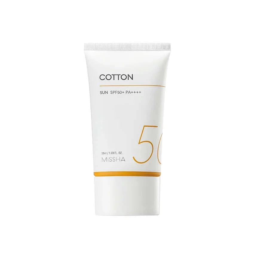 Saules aizsargkrēms ar samtaini maigas ādas noslēguma akcentu Missha All Around Safe Block Cotton Sun SPF 50+ PA++++
